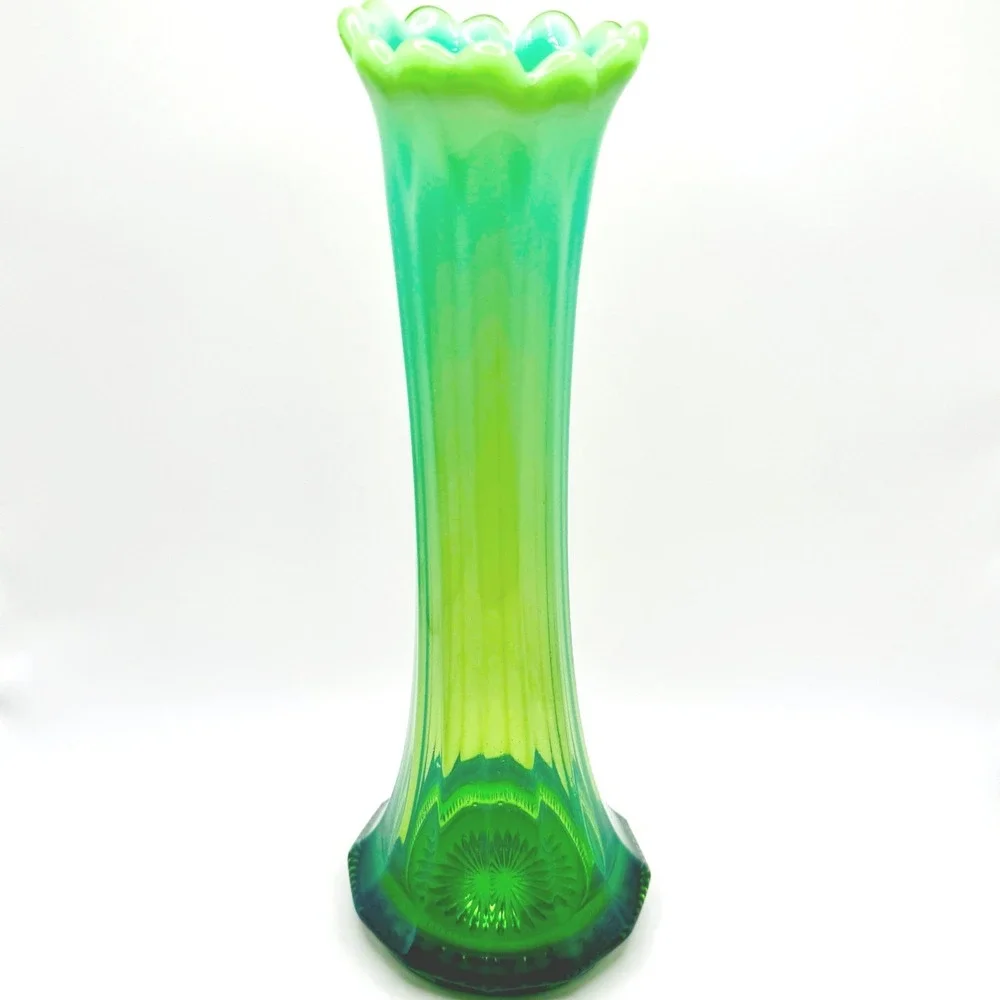 Vintage Green Opalescent Glass Vase 10